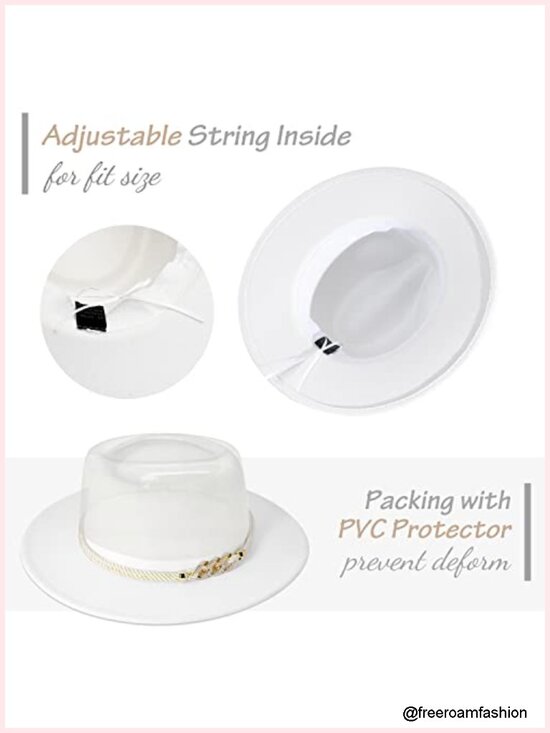Women Wide Brim Fedora Hat with Belt Buckle Pork Pie Hat Adjustable Strap